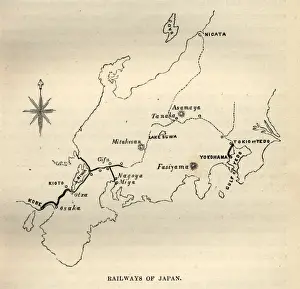 Vintage illustration of Map showing early railways of Japan, 1870s, 1880s, 19th Century