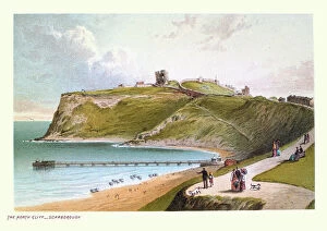 A fascinating collection of images featuring great British piers: Vintage illustration North Cliff, Castle ruins, Beach, Pier, Scarborough, North Yorkshire
