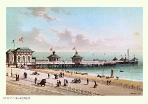 A fascinating collection of images featuring great British piers: Vintage illustration of The West Pier, Brighton, East Sussex, a seaside resort