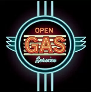 Images Dated 15th November 2018: Vintage neon Open Gas Service and garage sign