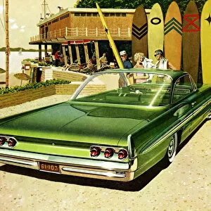 Vintage Car Illustrations Gallery: Vintage poster of couple at beach in front of green car