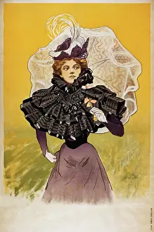 Human Likeness Prints: Vintage poster of elegant woman holding umbrella