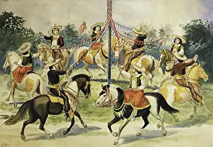 Human Likeness Prints: Vintage poster of horse riders wrapping ribbons around maypole