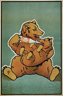 Motherhood Prints: Vintage poster of mother bear feeding baby bear with bottle