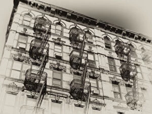 Vintage, sepia-toned rendition of a New York City landmark: fire escapes in tenement building in the Lower East Side