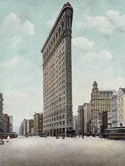 Dramatic Looking Flatiron Building Prints: Vintage souvenir photo postcard, the Flatiron Building, New York City, 1908