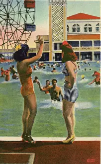 Vintage souvenir postcard, Bathing Beauties, Coney Island Beach and Boardwalk, Brooklyn, New York City, 1944