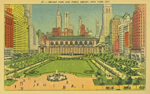 Vintage souvenir postcard, Bryant Park and New York Public Library, New York City, circa 1935