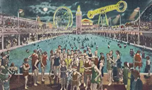 Vintage souvenir postcard, Coney Island, Steeplechase Pool, Brooklyn, New York City, ca 1942