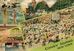 Vintage souvenir postcard, Crowds at Coney Island Beach and Boardwalk, Brooklyn, New York City, 1944