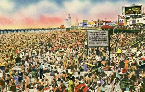 Vintage souvenir postcard, Crowds at Coney Island Beach and Boardwalk, Brooklyn, New York City, 1944