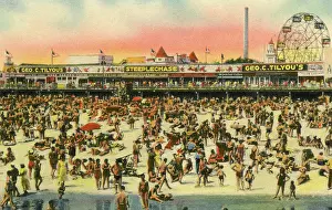 Vintage souvenir postcard, Crowds at Coney Island Beach and Boardwalk, Brooklyn, New York City, 1944