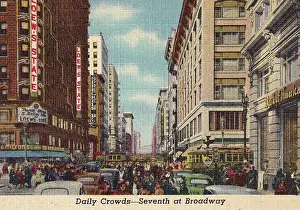 Vintage souvenir postcard, Downtown, 7th and Broadway, Los Angeles Souvenir Views series, 1940