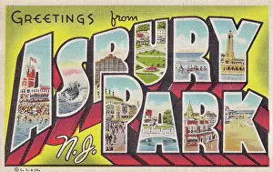 Vintage souvenir postcard, Greetings from Asbury Park, New Jersey, ca 1930s