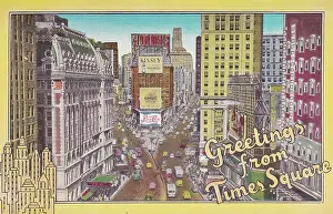 Vintage souvenir postcard, Greetings from Times Square, NYC, New York, ca 1944