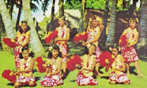 Vintage souvenir postcard, Hula Dancers, Hawaii, 1951