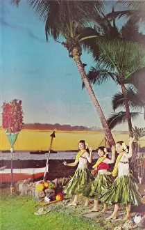Vintage souvenir postcard, Hula Dancers, Hawaii, 1951