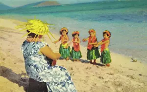 Vintage souvenir postcard, Hula Dancers, Hawaii, 1951