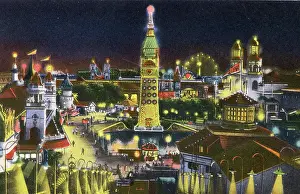 Vintage souvenir postcard, Luna Park at Night, Coney Island Beach and Boardwalk, Brooklyn, New York City, 1944