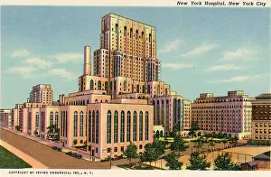 Prints of Vintage colorized historic souvenir photo postcard published circa 1935 depicting the vibrant midtown and downtown skyscrapers of New York City, here showing New York Hospital Where New York’s brightest moments take center stage: Vintage souvenir postcard, Radio City Music Hall, NYC, New York, ca 1935