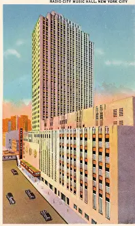 Prints of Vintage colorized historic souvenir photo postcard published circa 1935 depicting the vibrant midtown and downtown skyscrapers of New York City Where New York’s brightest moments take center stage: Vintage souvenir postcard, Radio City Music Hall, NYC, New York, ca 1935