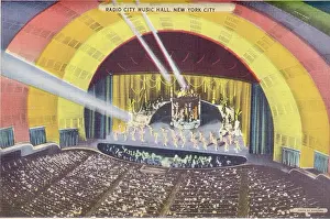 Prints of Vintage illustrated historic souvenir photo postcard published circa 1944 in a series titled, New York, the Magic City Where New York’s brightest moments take center stage: Vintage souvenir postcard, Radio City Music Hall