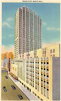 Prints of Vintage illustrated historic souvenir postcard published circa 1941 depicting the Art Deco midtown skyscrapers of Rockefeller Center, a historic architectural landmark in New York City Where New York’s brightest moments take center stage: Vintage souvenir postcard, Rockefeller Center, NYC, New York, ca 1941