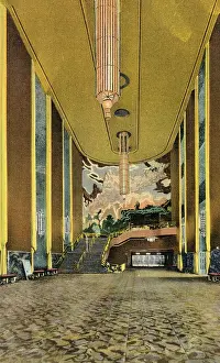 Prints of Vintage illustrated historic souvenir postcard published circa 1941 depicting the Art Deco midtown skyscrapers of Rockefeller Center, a historic architectural landmark in New York City Where New York’s brightest moments take center stage: Vintage souvenir postcard, Rockefeller Center, NYC, New York, ca 1941