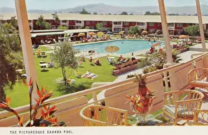 Vintage souvenir postcard, The Sahara Hotel and Casino Swimming Pool, Greetings from Las Vegas series, 1956