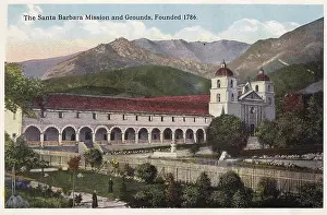Vintage souvenir postcard, Santa Barbara Mission, Southern California Souvenir Views series, ca 1923