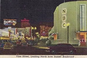 Vintage souvenir postcard, Sunset Boulevard and Vine Street, Hollywood and Movie Star Homes series, ca 1938