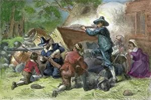 Color Imaging Prints: Virginian Settlers Defend Home;Shooting