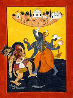 Banner Prints: Vishnu appeared as the boar rescuing the earth goddess, Bhudevi