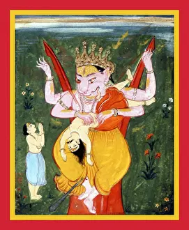 Goddesses Prints: Vishnu as Narasimha tearing Hiranyakasipu to pieces