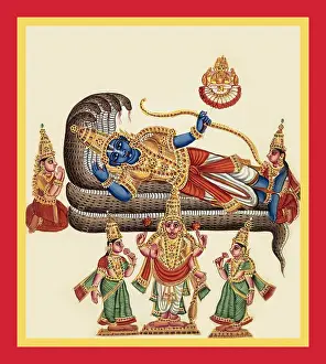 Album Prints: Vishnu reclines on the coils of the five-hooded Shesha