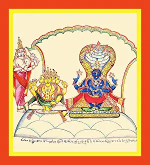 Deities Prints: Vishnu seated on the coils of the serpent Shesha