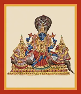 Consort Prints: Vishnu sits on the coils of the serpent Shesha