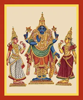 Conch Prints: Vishnu stands on a low pedestal holding a chakra (discus)
