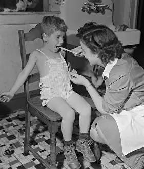 Tonsils Prints: Visiting Nurse Checking Throat of Boy