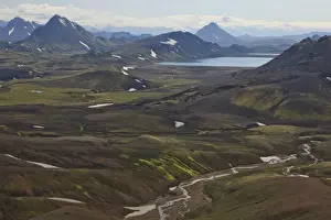 Panoramas Prints: Volcanic landscape with snow fields in front of Eyjafjallajoekull glacier, Iceland, Europe