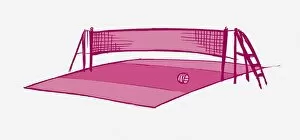 Volleyball pitch with net and ball