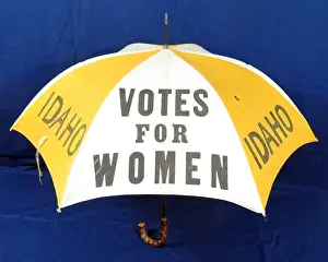 Prints of Women's suffrage umbrella with text reading Votes for Women and Idaho, in white and yellow color, 1910. Photography by Emilia van Beugen. (Photo by Ken Florey Suffrage Collection/Gado/Getty Images) Historic Moments from the Women’s Fight for the Vote: Votes For Women Umbrella