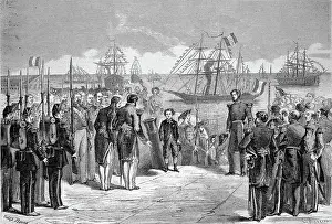 Voyage of the Imperial Prince Crown Prince Napoleon Eugene Louis Jean Joseph Bonaparte (16 March 1856 to 1 June 1879) to Cherbourg, the Prince coming off the yacht La Reine, 1869, France, Historic, digitally restored reproduction of an original 19th