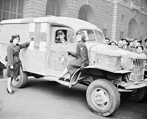 Wac Women Posing Near Early Ambulance