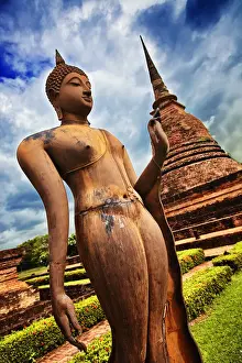 Park Man Made Space Prints: Walking Buddha at Wat Sa Si, Sukhothai, Thailand