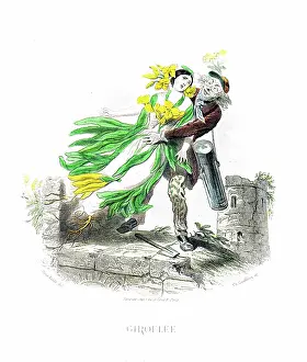 Grandville Prints: Wall flower - Hand colored plate from 'Les Fleurs Animees by J.J.Grandville 1867