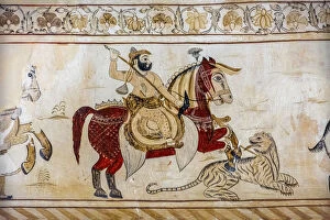Fresco Wall Paintings Collection: Wall painting mural of soldier on horse at Lakshminarayan temple in Orchha, Tikamgarh