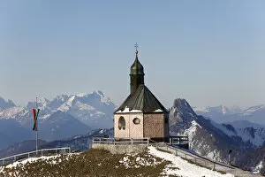 Images Dated 23rd October 2011: Wallbergkirche, Heilig Kreuz church on Mt Wallberg, Mountains Zugspitze, Rossstein and Buchstein