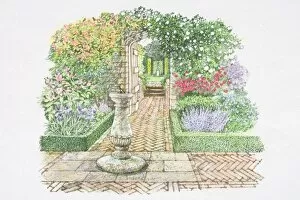 Garden Path Collection: Walled country garden, dense vegetation of flowering and climbing plants within a room-like