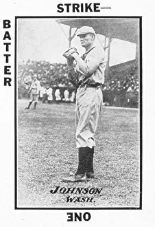 Prints of A game card from the Tom Barker Game card collection shows American baseball pitcher Walter Johnson (1887 - 1946), 1913 Transcendental Graphics Prints: Walter Johnson Baseball Game Card